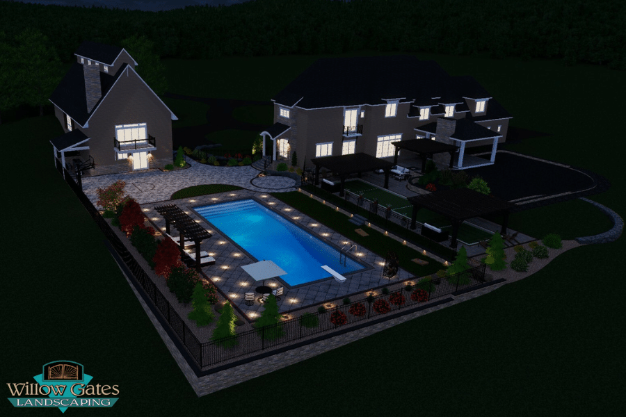 3d rendering of barn and tiled patio leading to pool lit up at night