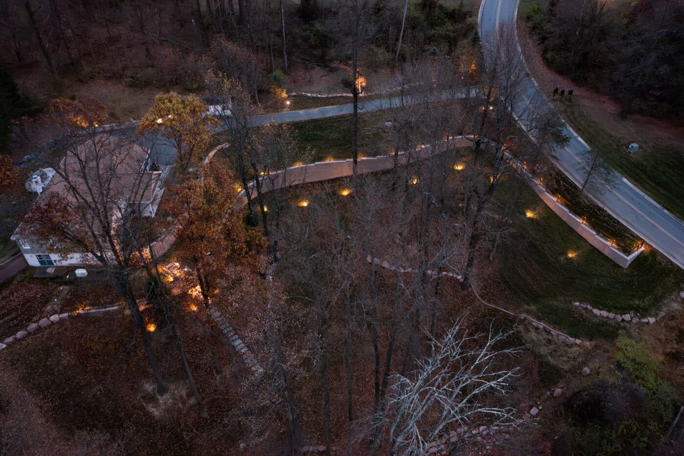 aerial photo of highlighting the lighting fixtures installed by Willow Gates Home & Landscape in Birdsboro