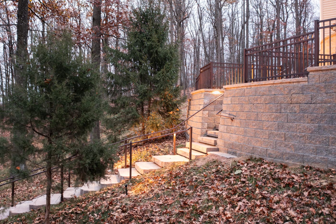 aerial photo of highlighting the lighting fixtures installed by Willow Gates Home & Landscape in Birdsboro