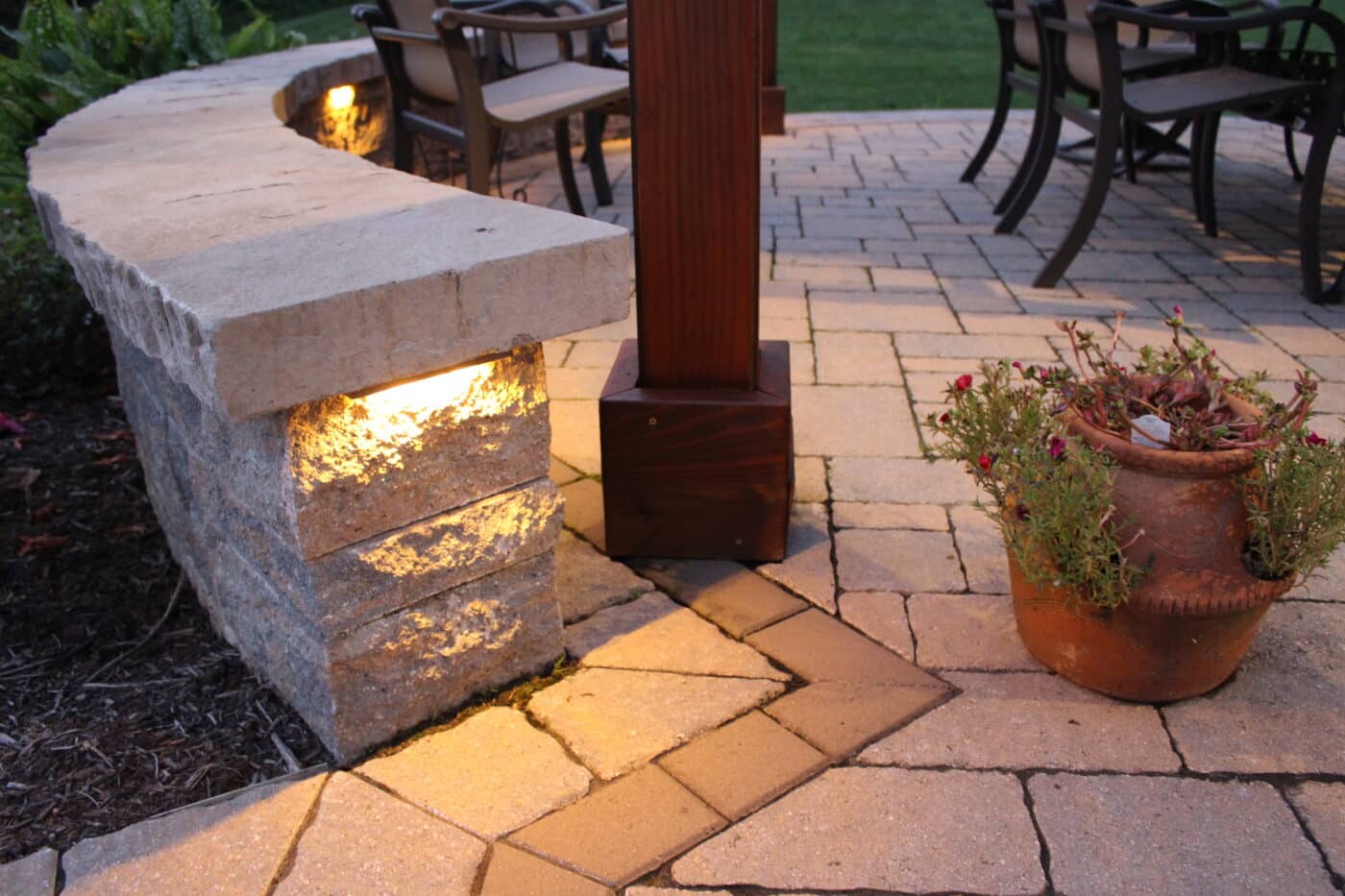 backyard patio landscaping with lighting