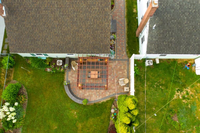 concrete patio with pergola birds eye view
