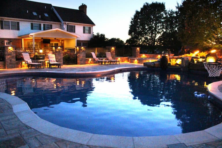 poolside patio with lights