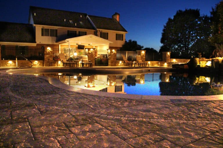 poolside patio with lights floor view
