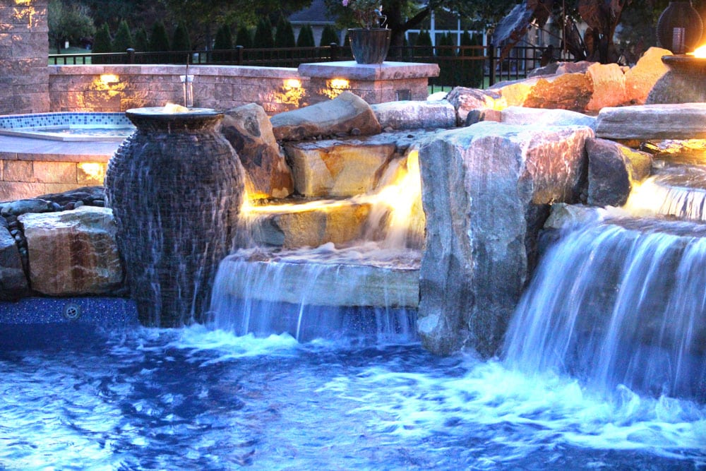 poolside patio with waterfall close up